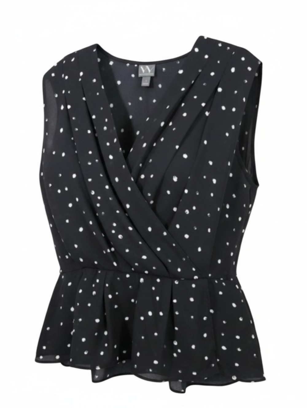 Worthington Black Sleeveless Blouse White Spot Faux Wrap Peplum Top Size Large